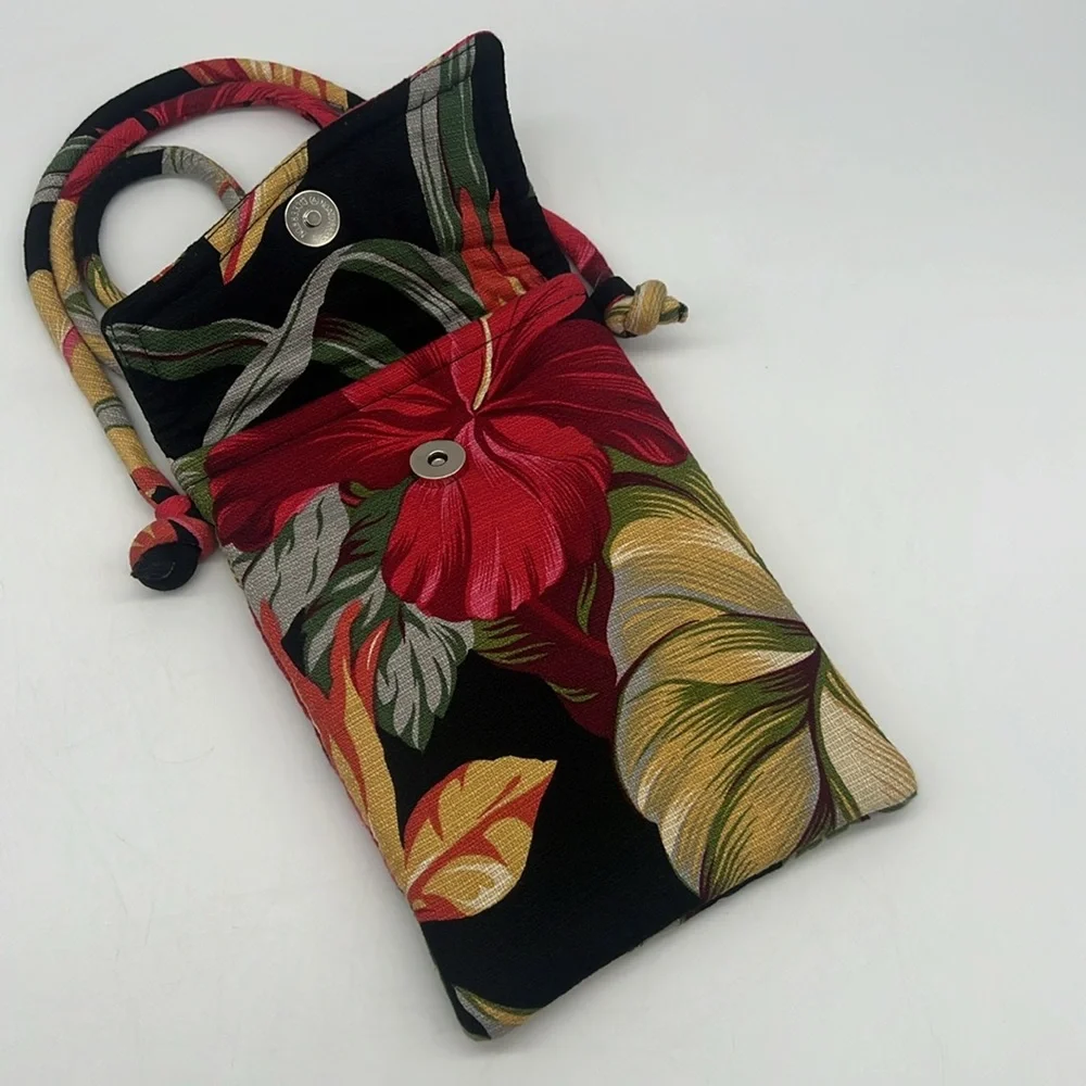 Unbranded Tropical Floral Motif Fabric Crossbody Red Black Multi.